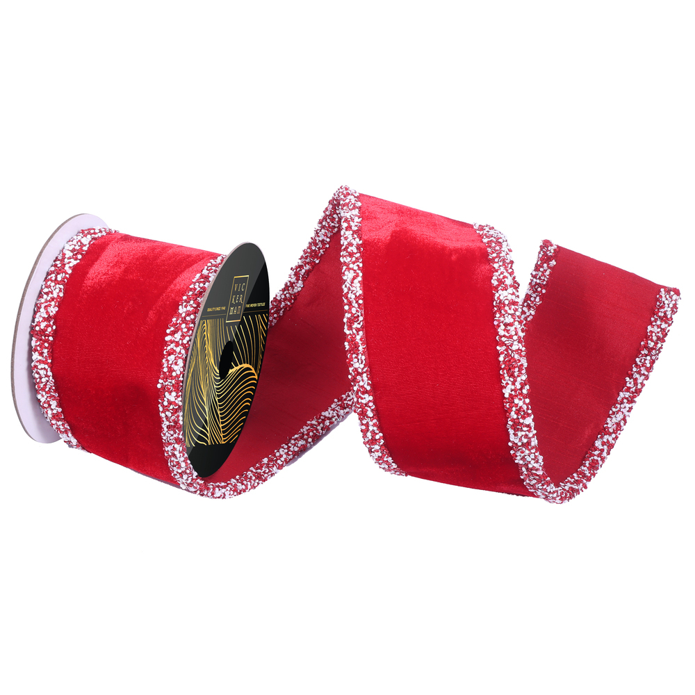 QK252503 4 in. x 5 Yard Red Velvet Red & White Sequin Trim Wired Ribbon