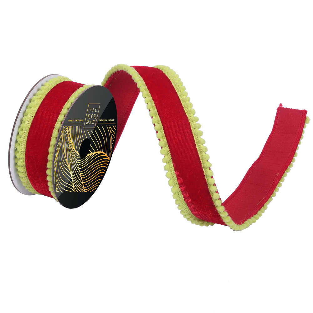 QK254500 1.5 in. x 10 Yard Red Velvet Lime Pom Pom Wired Ribbon