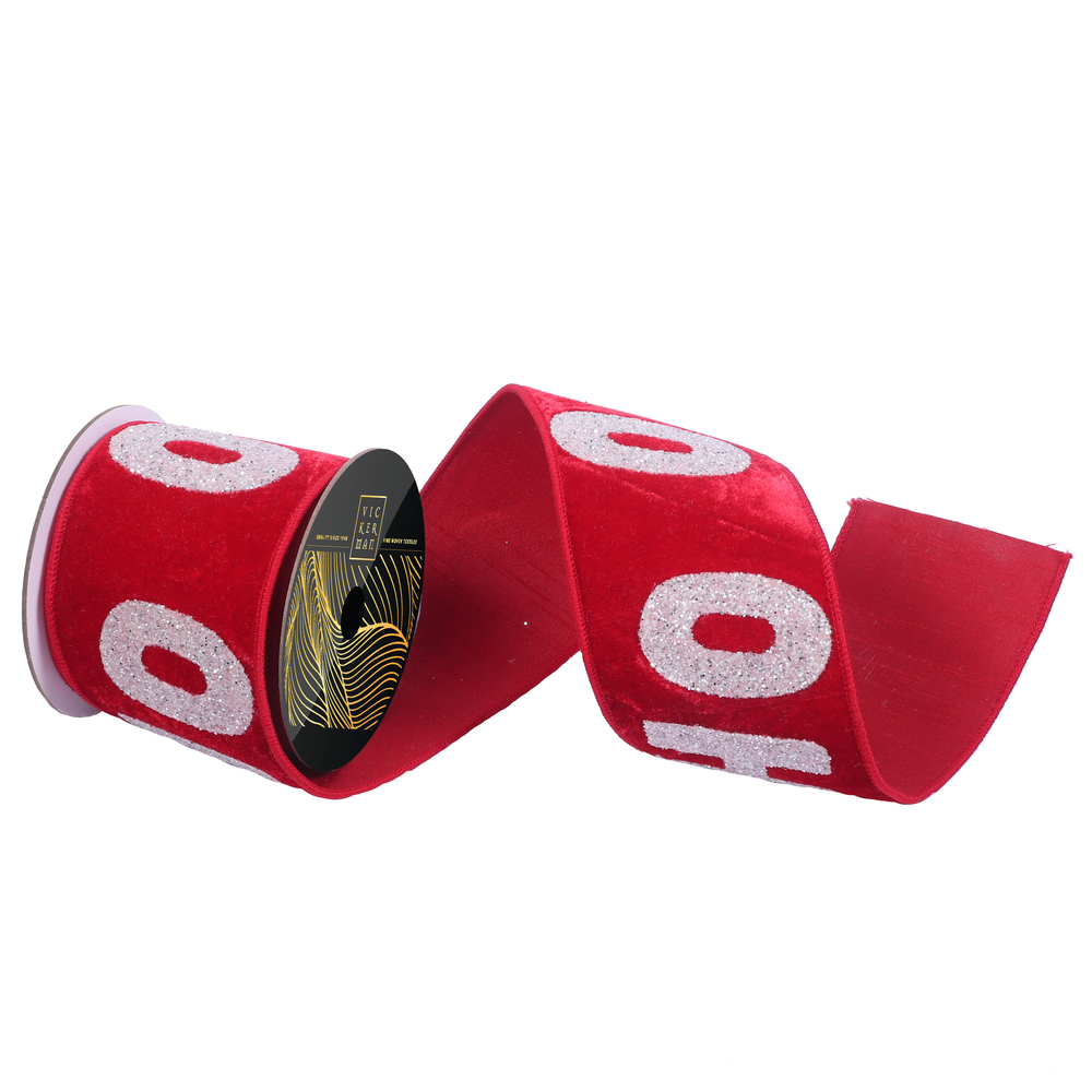 QK254803 4 in. x 5 Yard Red Velvet White Glitter HOHOHO Wired Ribbon