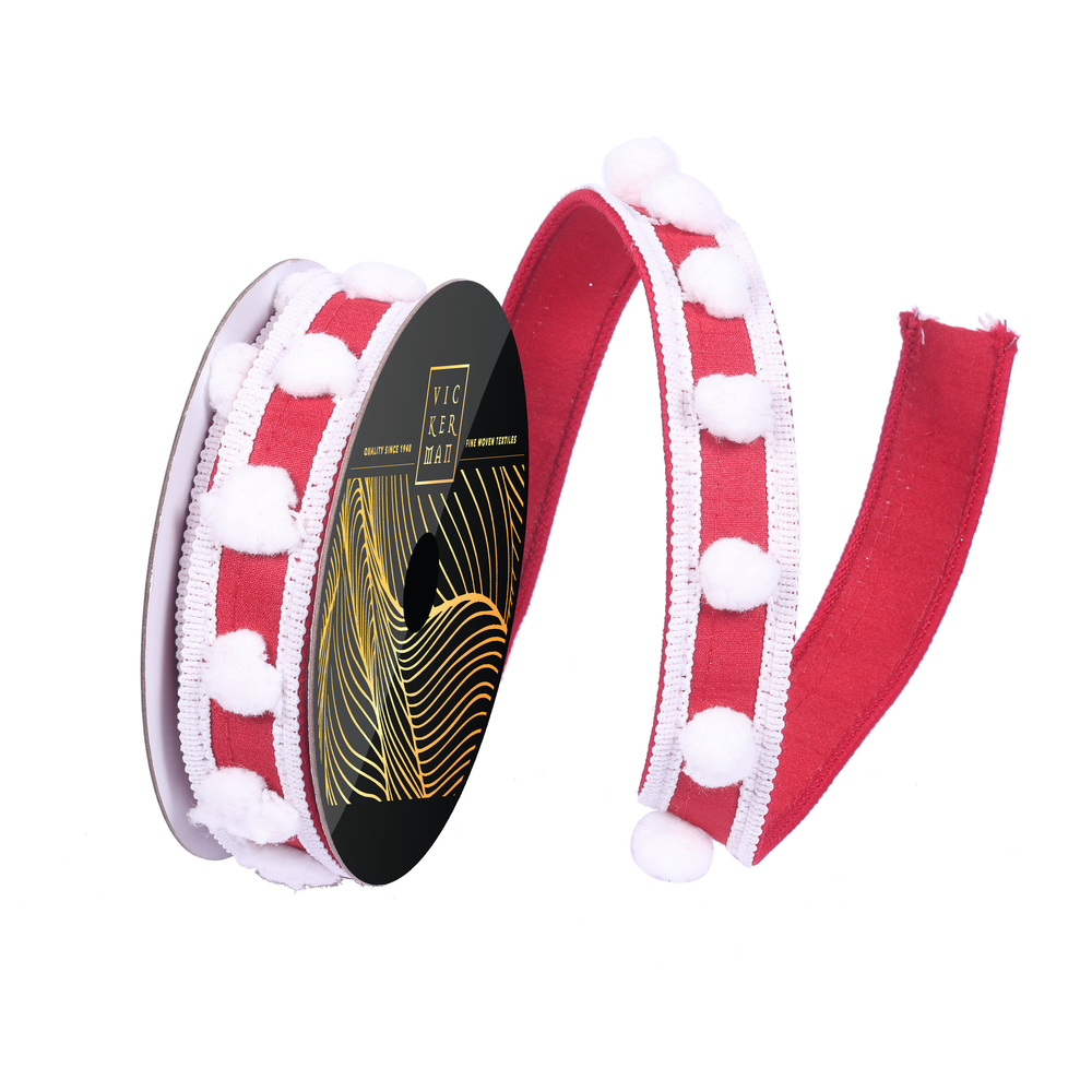 QK252303 1 in. x 10 Yard Red Dupion White Pom Pom & Trim Wired Ribbon