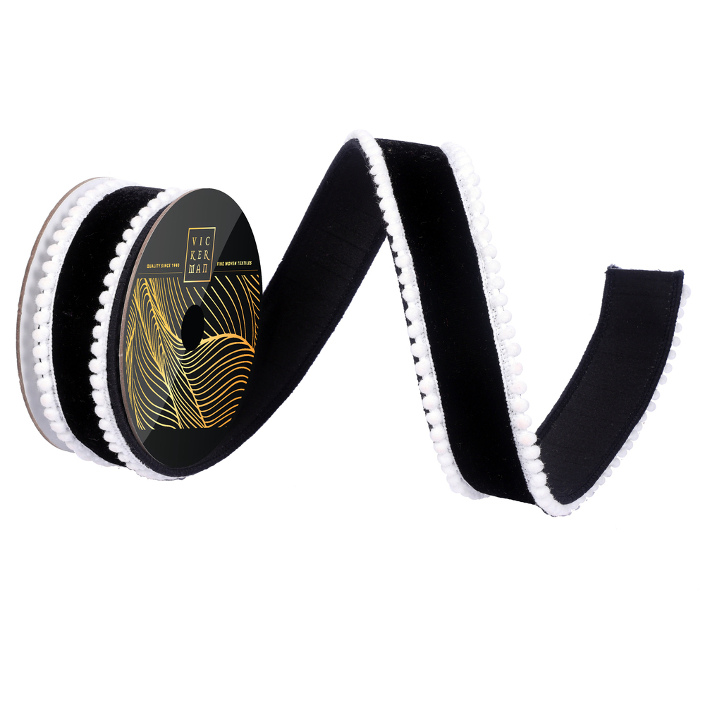 QK254517 1.5 in. x 10 Yard Black Velvet White Pom Pom Wired Ribbon