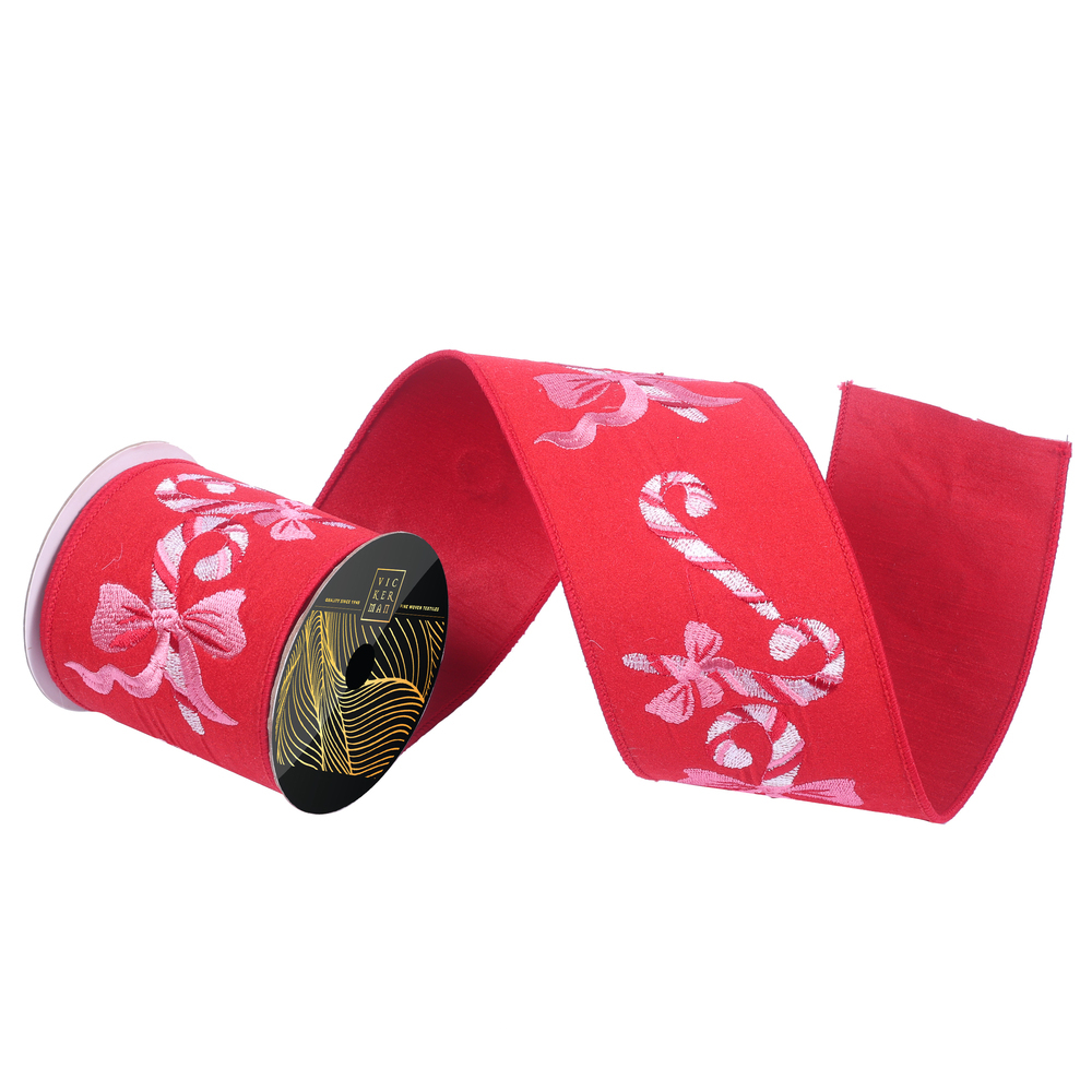 QK259803 4 in. x 10 Yard Red Felt Candy Cane & Bow Wired Ribbon
