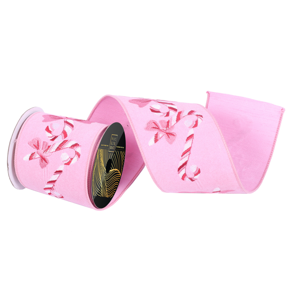 QK259879 4 in. x 10 Yard Pink Felt Candy Cane & Bow Wired Ribbon