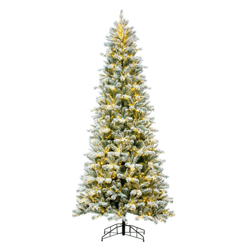K231986LED 10 ft. x 55 in. Frosted Glacier Pine Artificial Pre-Lit Christmas Tree with Folding Metal Tree Stand - Green