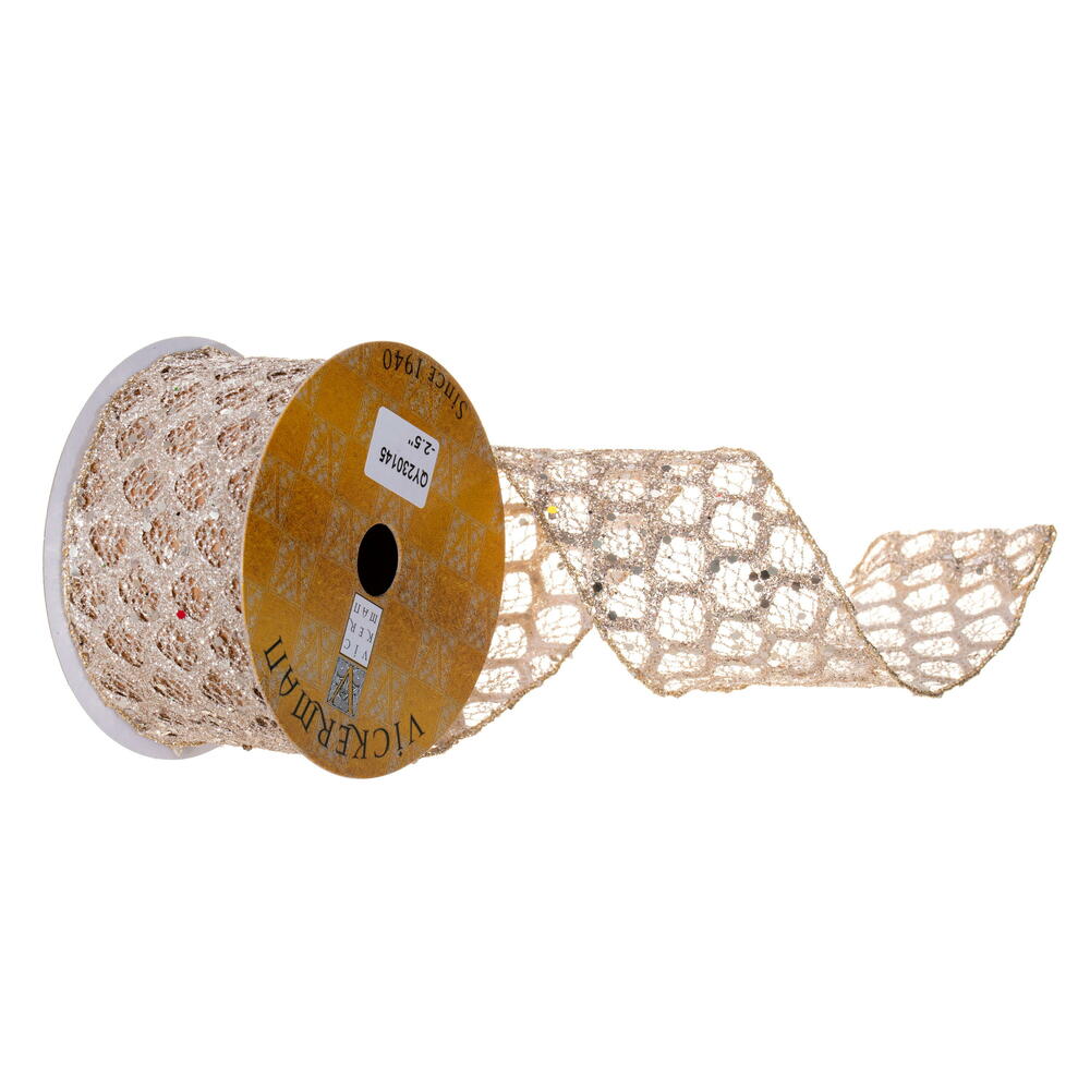 QY230145 2.5 in. x 10 Yard Champagne Glitter Sequin Net Wired Ribbon