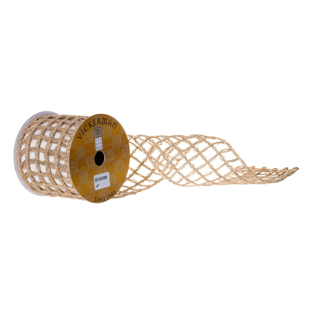 QY230390 4 in. x 10 yard Jute & Tinsel Grid Wired Ribbon - Natural