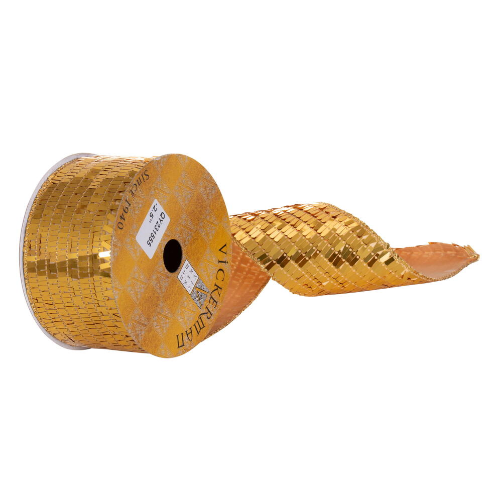 QY231555 2.5 in. x 10 Yard Gold Rectangle Sequin Wired Ribbon