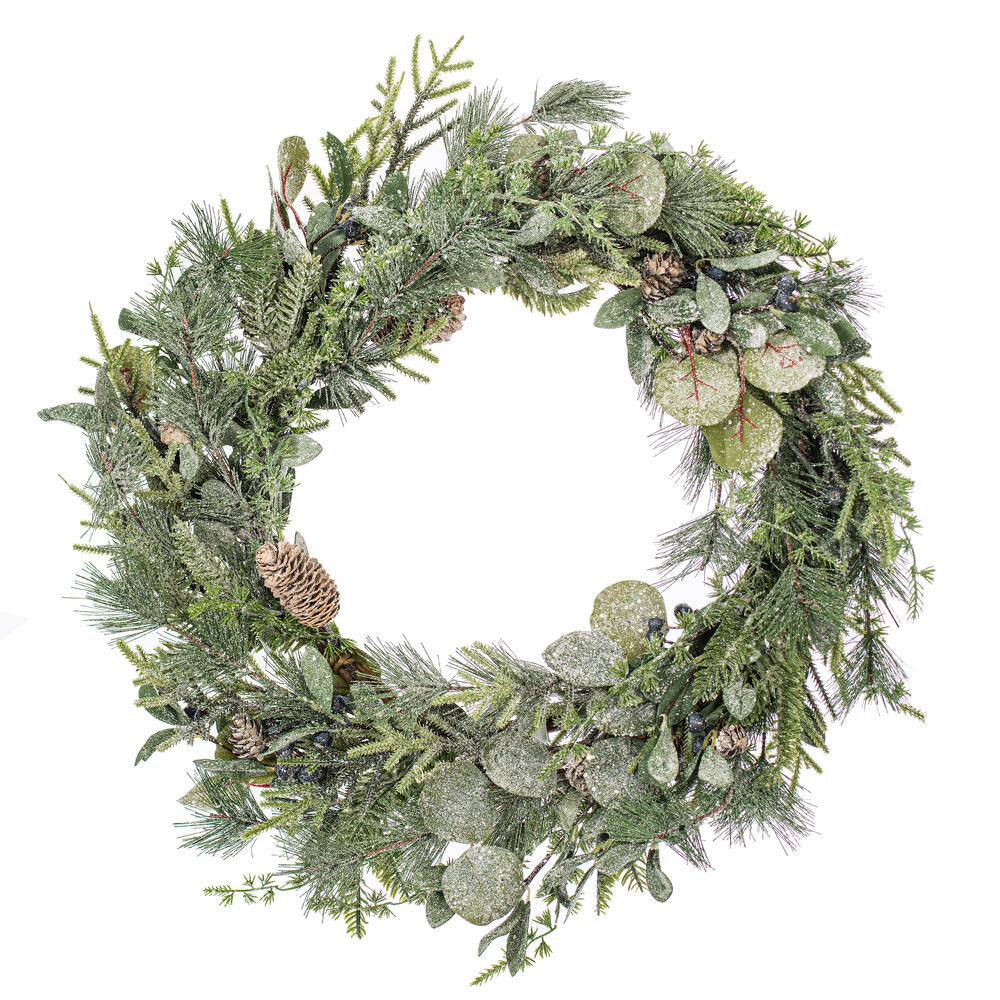 FQ233730 30 in. Artificial Glittered Green Pine with Pine Cone & Eucalyptus & Berry Wreath