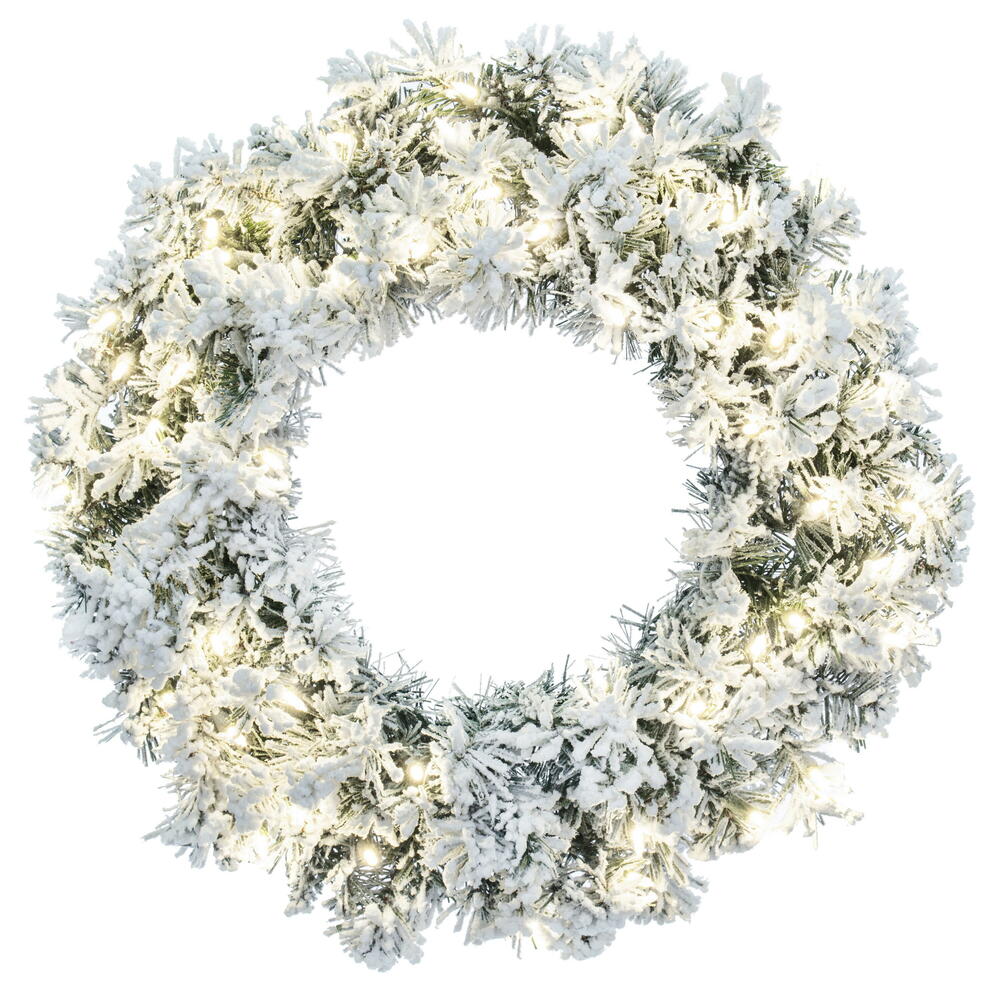 30 in. Frosted Glacier Pine Artificial Pre-Lit Wreath with 200 Realistic Frosted Mixed PVC Tips & 70 Dura-Lit Warm White Mini Lights - Green & White
