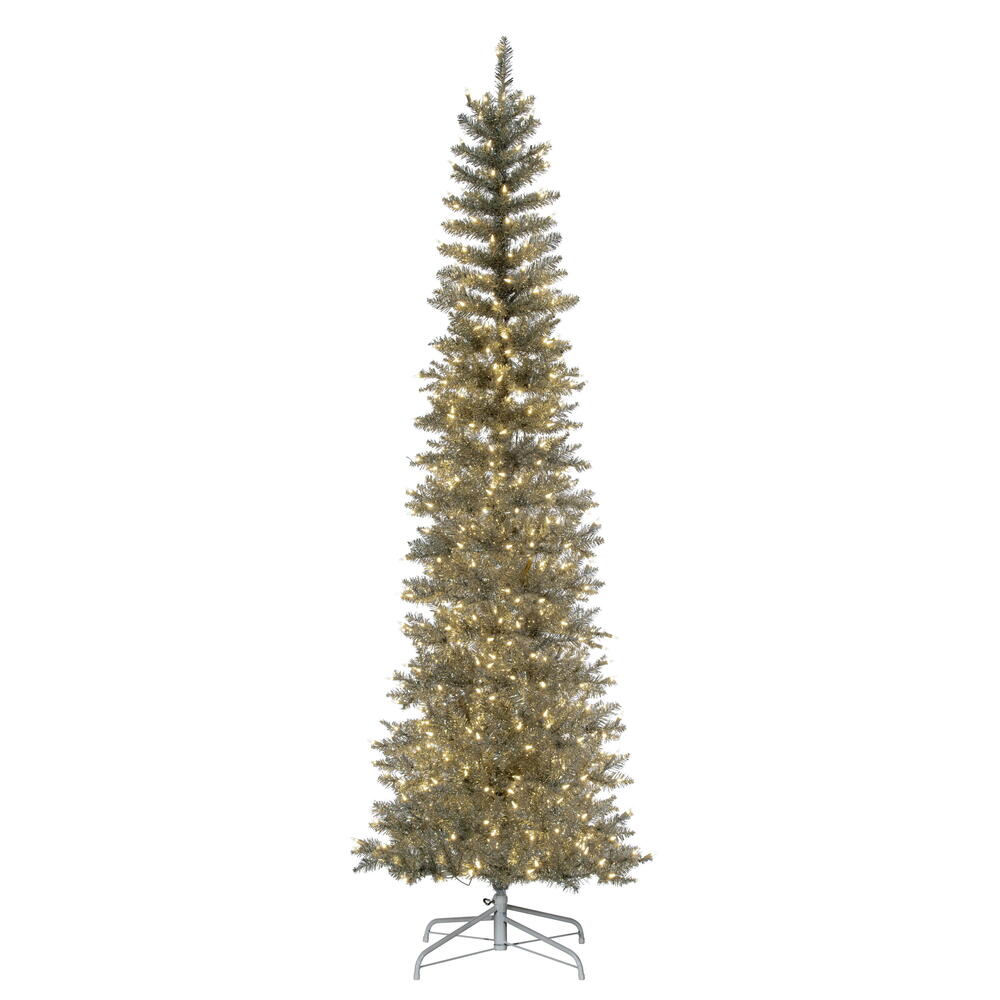 K246566LED 6.5 ft. x 28 in. Silver Pencil Artificial Pre-Lit Christmas Tree with 400 Dura-Lit Warm White LED Mini Lights