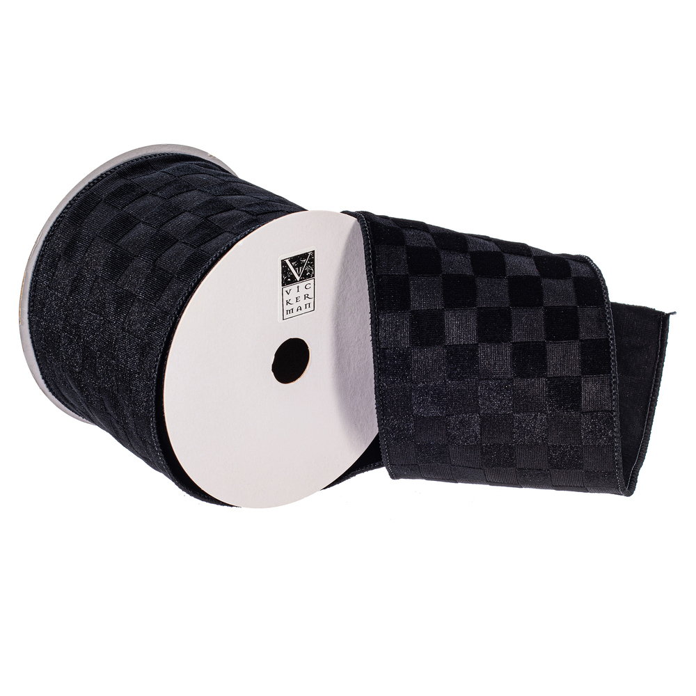 QY240510 4 in. x 10 Yard Black Velvet Checkered Satin Back Ribbon