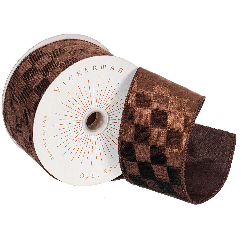 QY240565 2.5 in. x 10 Yard Brown Velvet Checkered Satin Back Ribbon