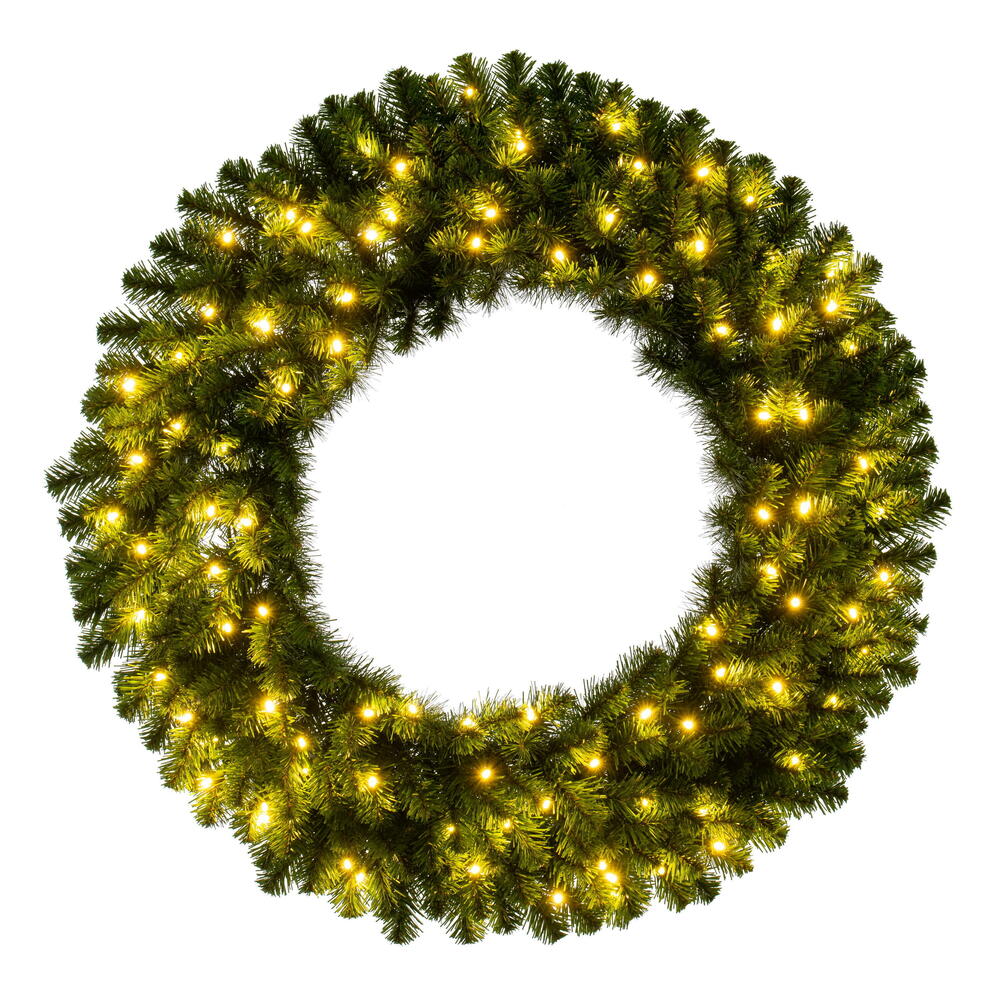 G237037LED 36 in. Deluxe Sequoia Pine Wreath with 200 Warm White Single Mold 5 mm Wide Angle Lights - Green