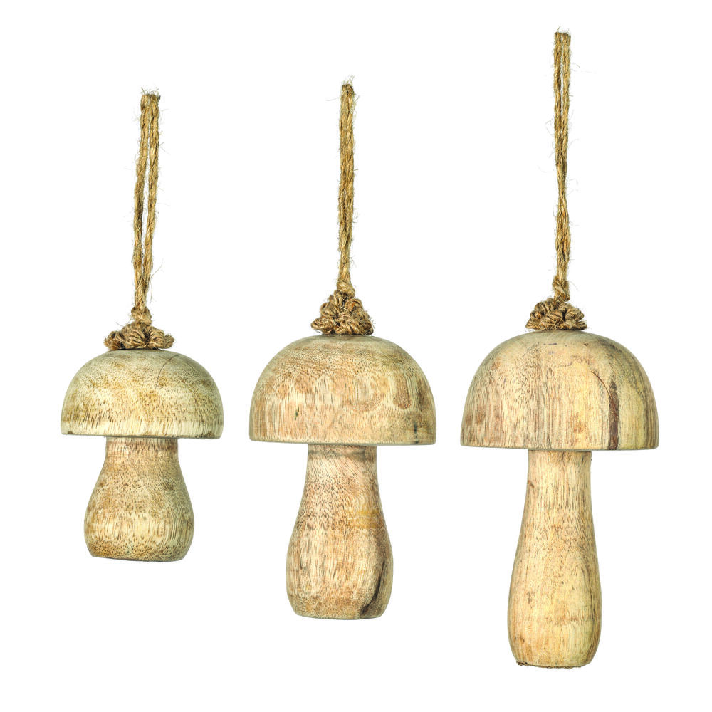 JE230910 Medium Wood Assorted Toadstool Ornament - Set of 3