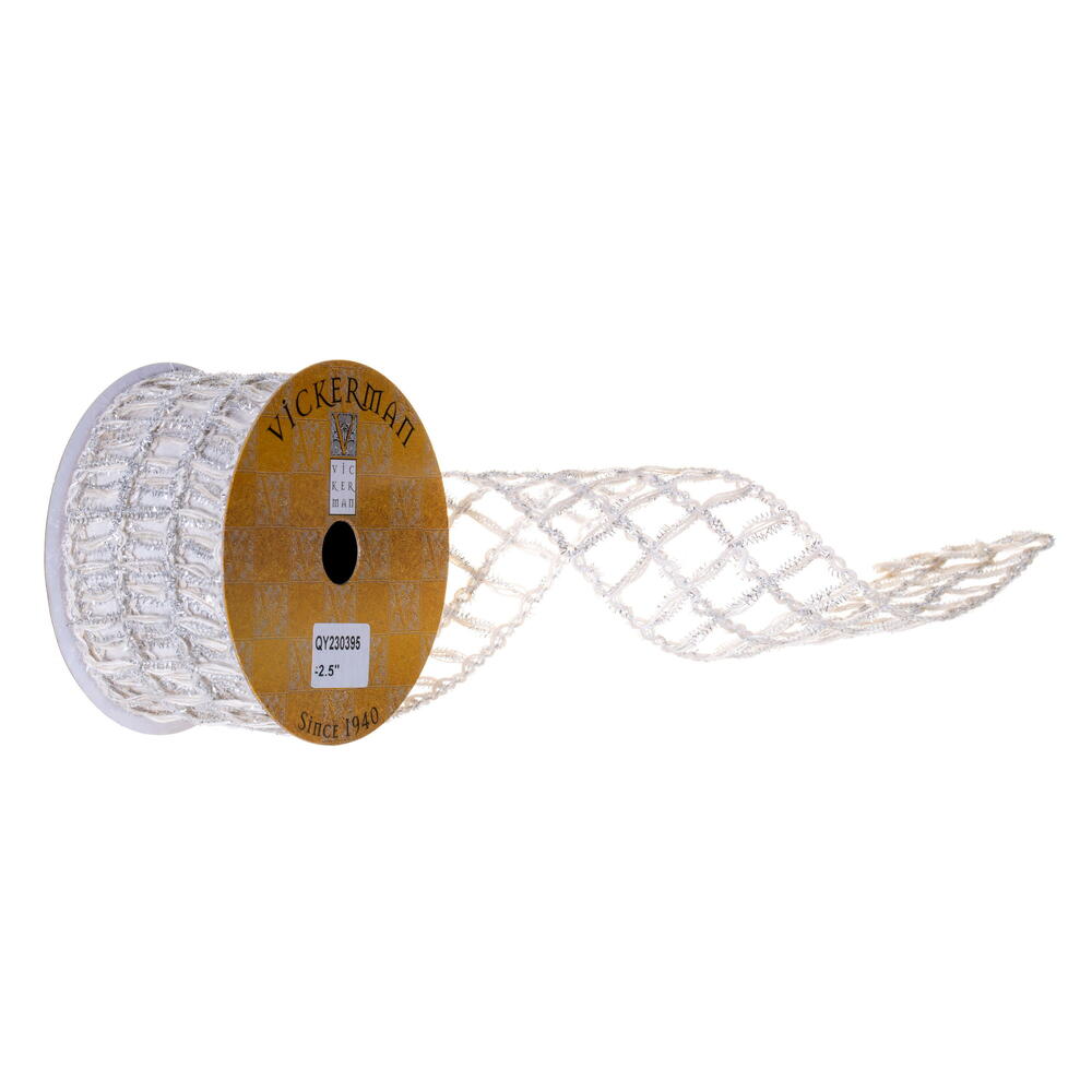 QY230395 2.5 in. x 10 yard Jute & Tinsel Grid Wired Ribbon - White