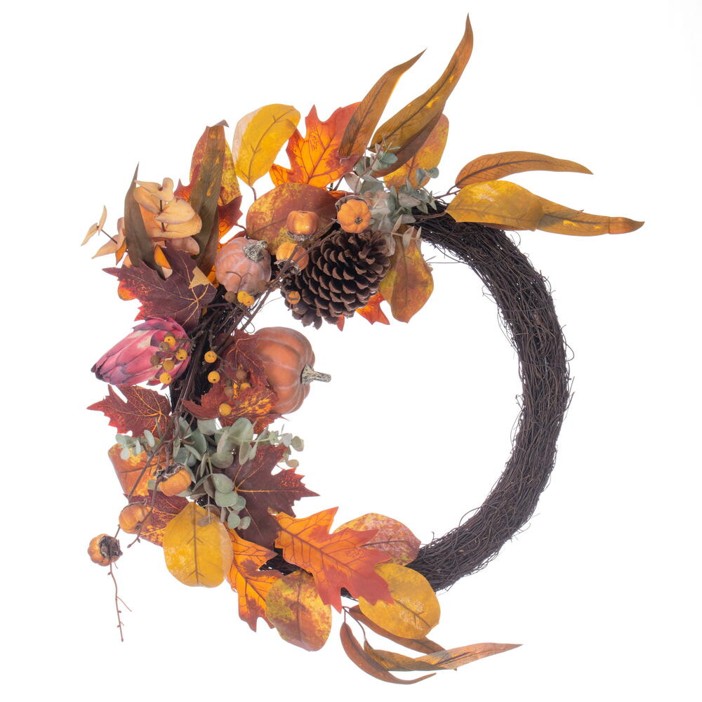 EF233521 28 in. Orange Pumpkin Eucalyptus Pinecone Half Wreath