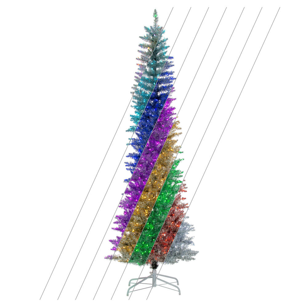 K247476LED 7.5 ft. x 32 in. Silver Pencil Artificial Pre-Lit Christmas Tree with 450 Wide Angle 5 mm 32 Function Remote Controlled RGB LED Mini Light