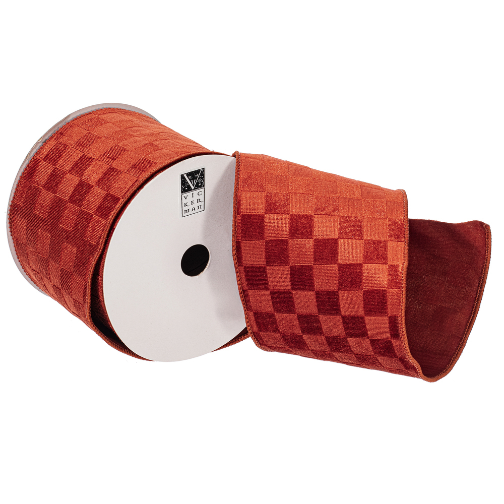 QY240530 4 in. x 10 Yard Burnish Orange Velvet Checkered