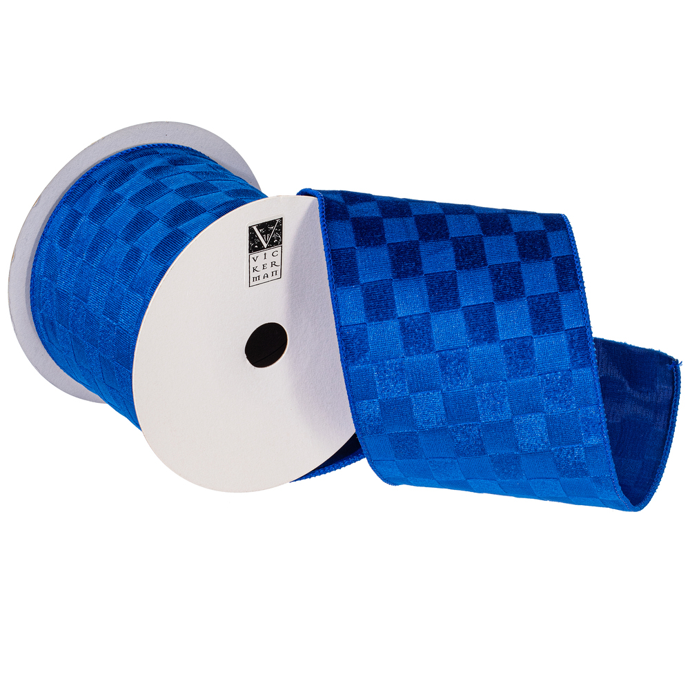 QY240540 4 in. x 10 Yard Blue Velvet Checkered Satin Back Ribbon