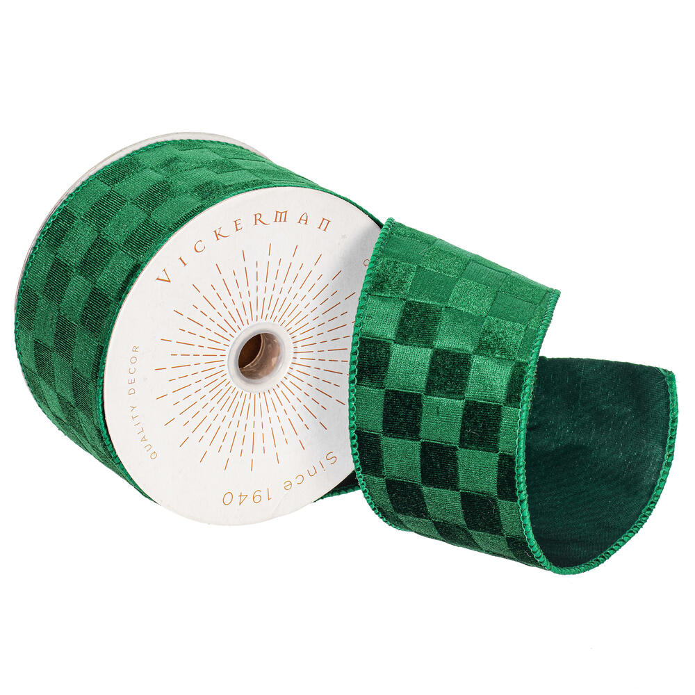 QY240580 4 in. x 10 Yard Green Velvet Checkered Satin Back Ribbon
