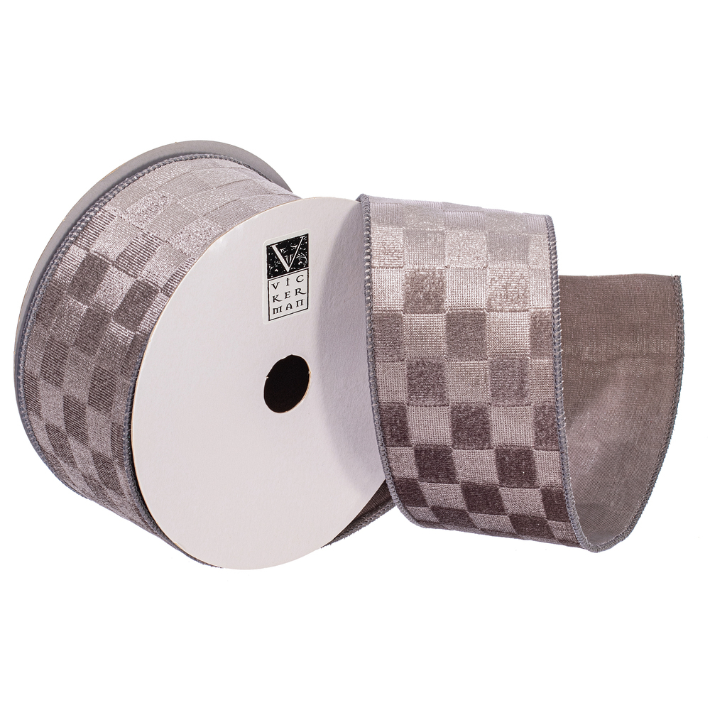 QY240585 2.5 in. x 10 Yard Silver Velvet Checkered Satin Back Ribbon