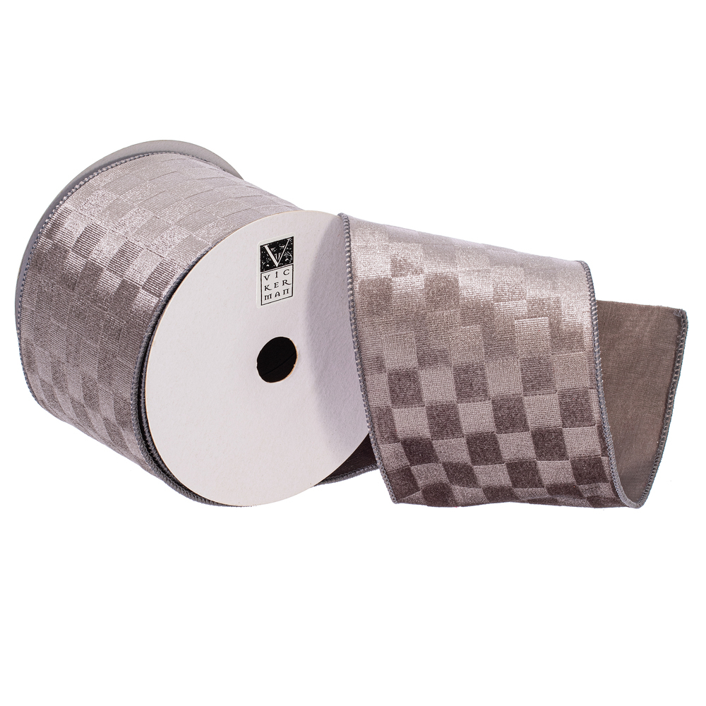 QY240590 4 in. x 10 Yard Silver Velvet Checkered Satin Back Ribbon