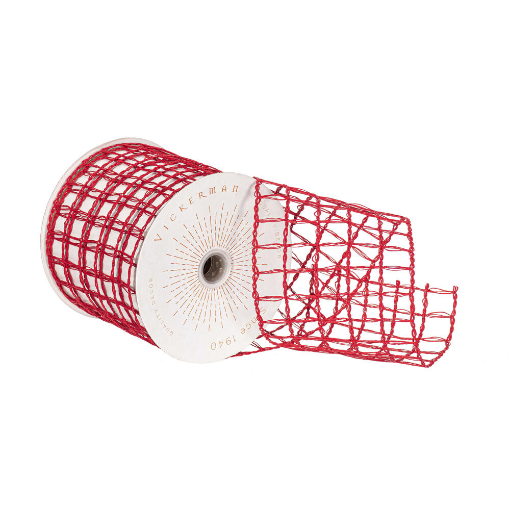QY240945 3.75 in. x 10 Yard Red Thin Grid Wired Ribbon