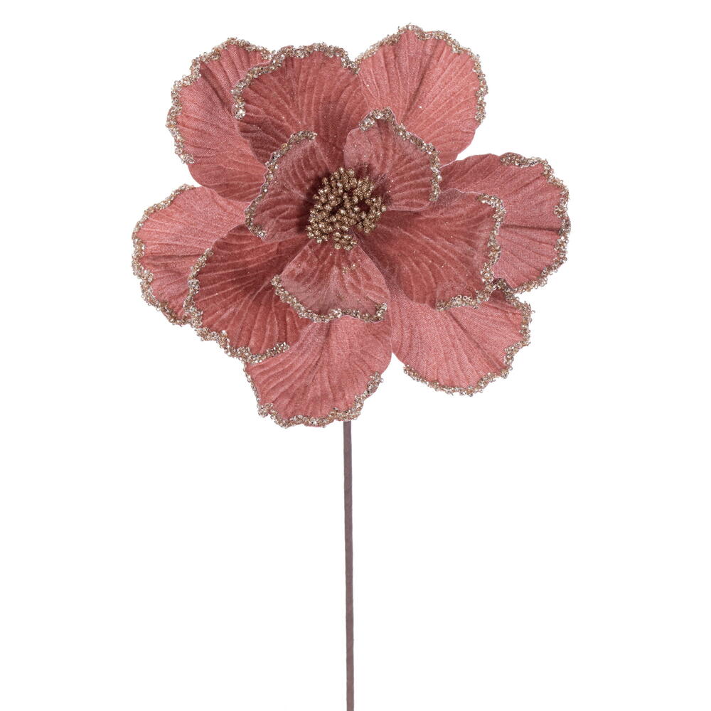RG243158 10 x 20 in. Rose Gold Velvet Bead Trim Magnolia Stem