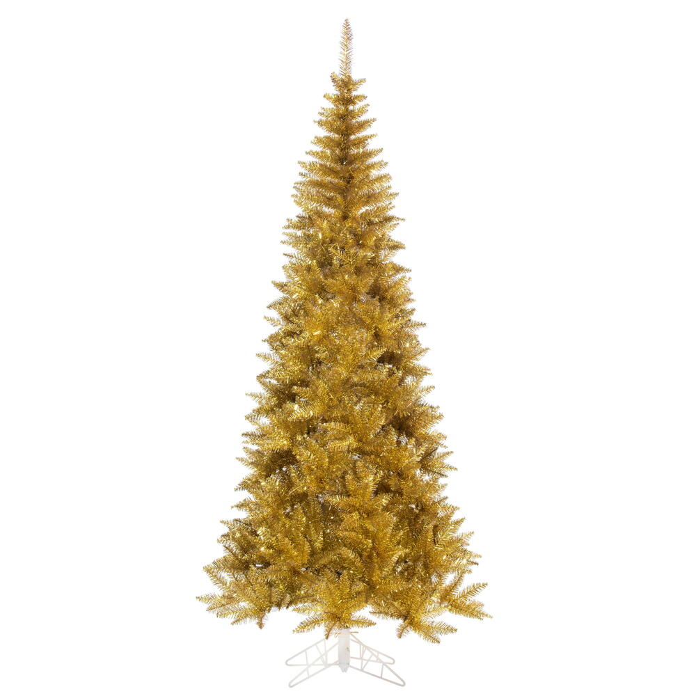 K235355 5.5 ft. x 30 in. Slim Gold Tinsel Artificial Unlit Christmas Tree with Folding Metal Tree Stand