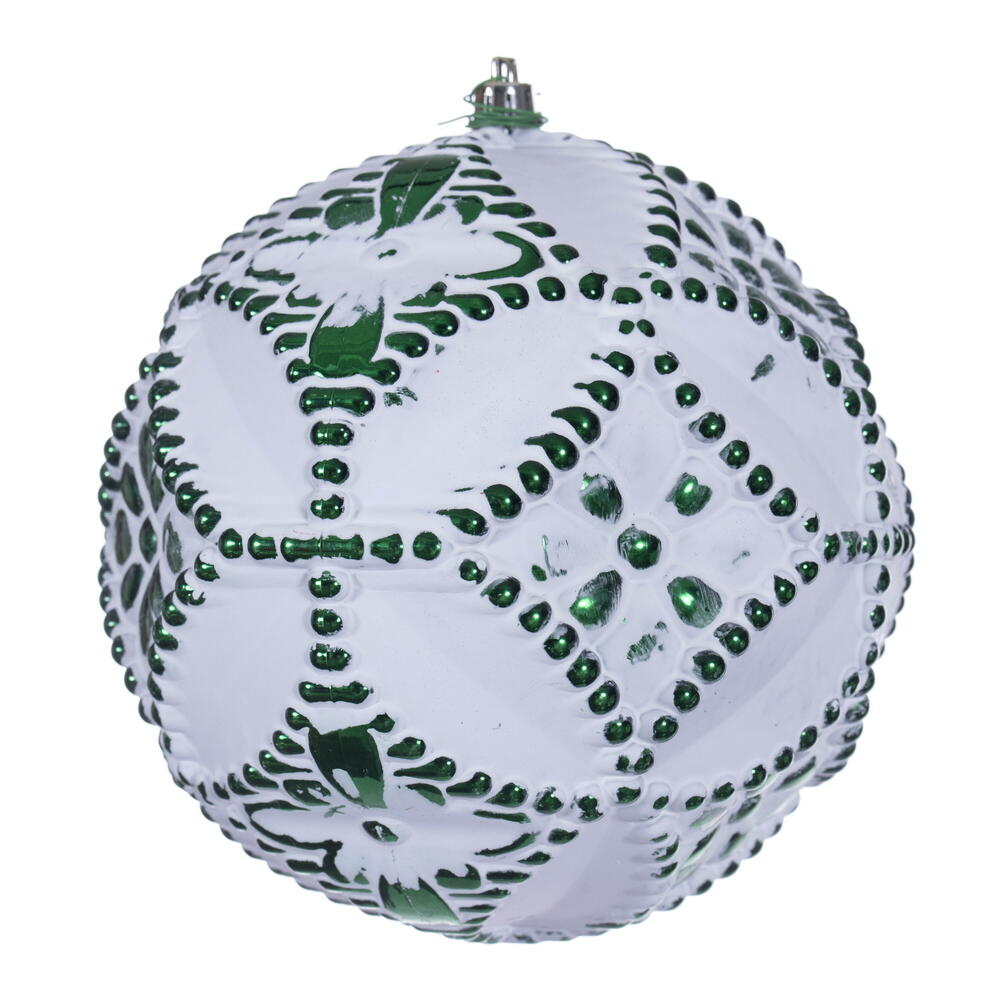 N232424D 6 in. Emerald Green Etch Antique White Brush Ornament Set - 4 Piece