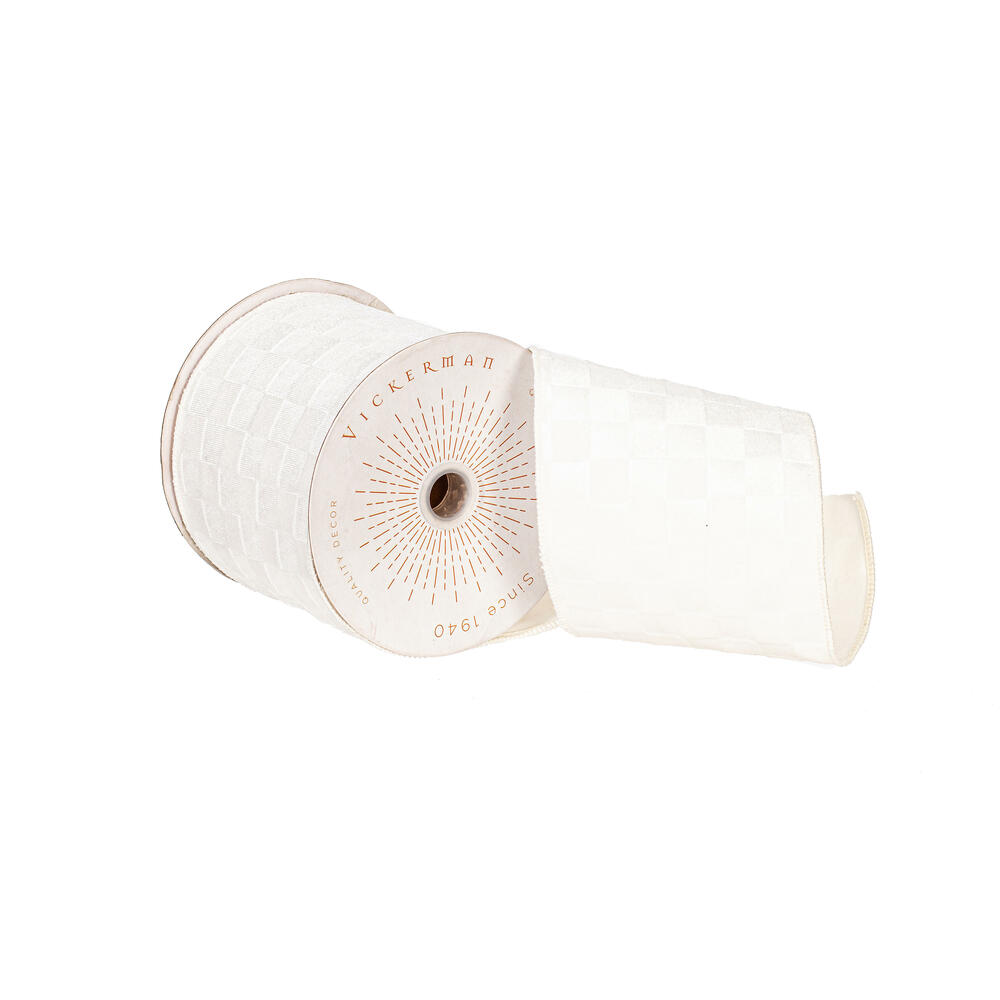 QY240599 4 in. x 10 Yard White Velvet Checkered Satin Back Ribbon