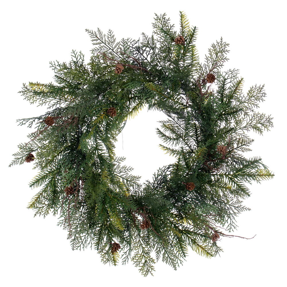 G234026 26 in. Mixed Cedar Pine Wreath with 347 Realistic PE & Hardneedle & PVC Tips & Pine Cones - Green
