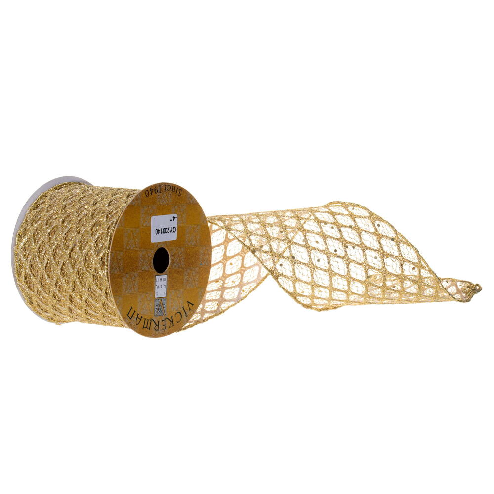 QY230140 4 in. x 10 Yard Gold Glitter Sequin Net Wired Ribbon