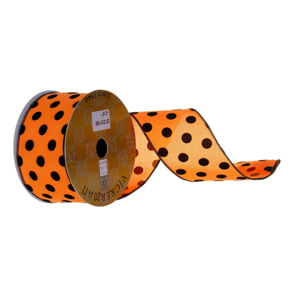QY231190 2.5 in. x 10 yard Black Velvet & Orange Polka Dot Ribbon