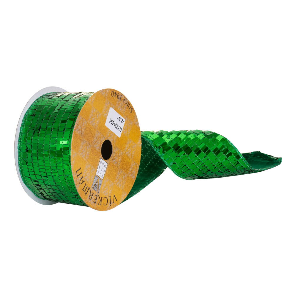 QY231595 2.5 in. x 10 Yard Green Rectangle Sequin Wired Ribbon