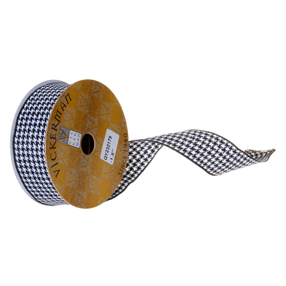 QY232175 1.5 in. x 10 yard Black & White Houndstooth Wired Ribbon