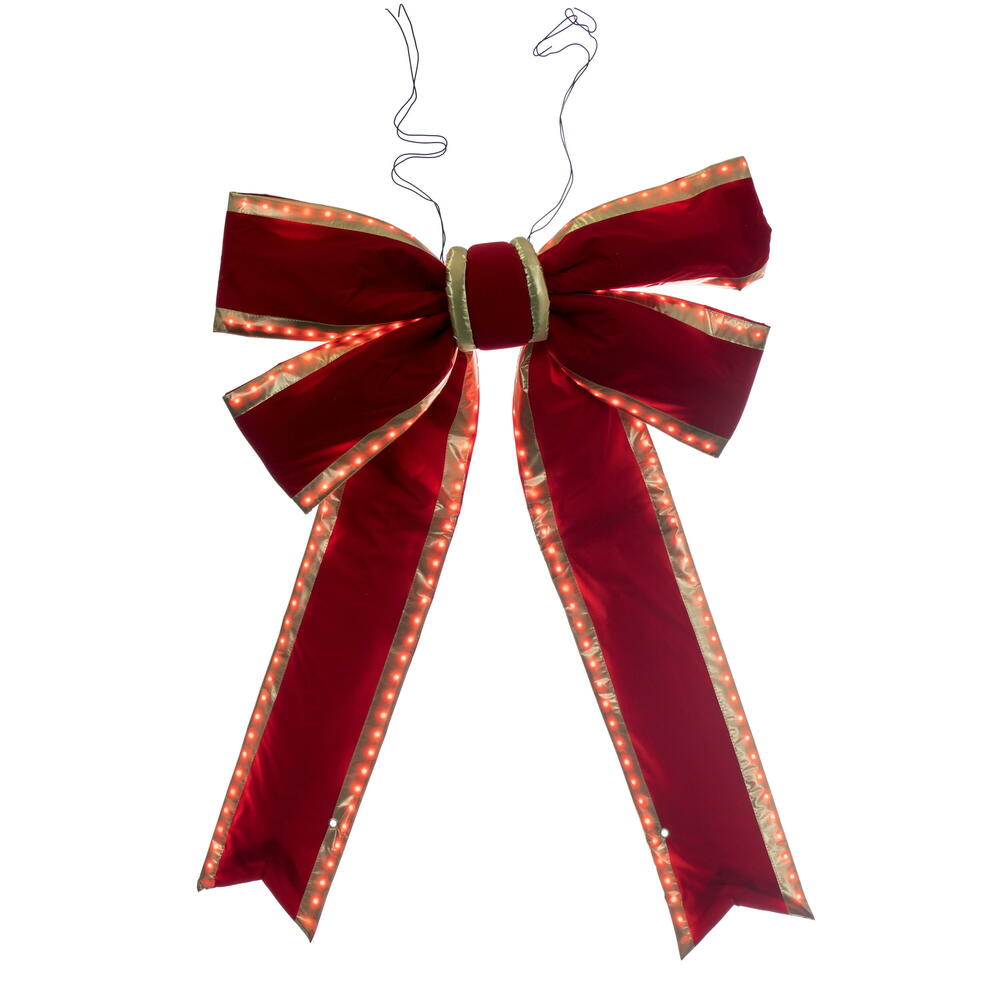 L231436LED 36 x 45 in. Red Velvet Gold Trim Outdoor Christmas Bow with UV Treated Material & Wire to Hang
