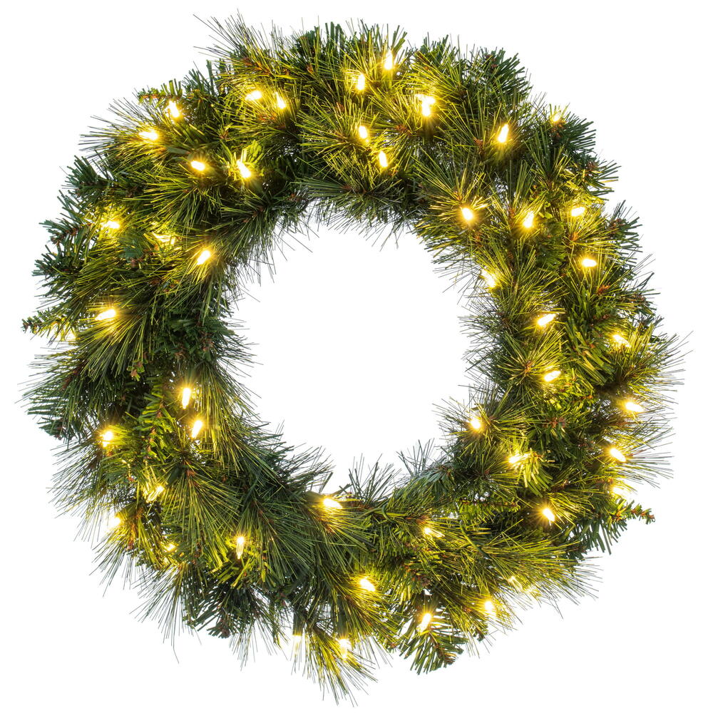 K201425LED 24 in. Brighton Pine Artificial Wreath with 50 Dura-Lit Warm White LED Mini Lights & 150 PE & PVC Tips - Green