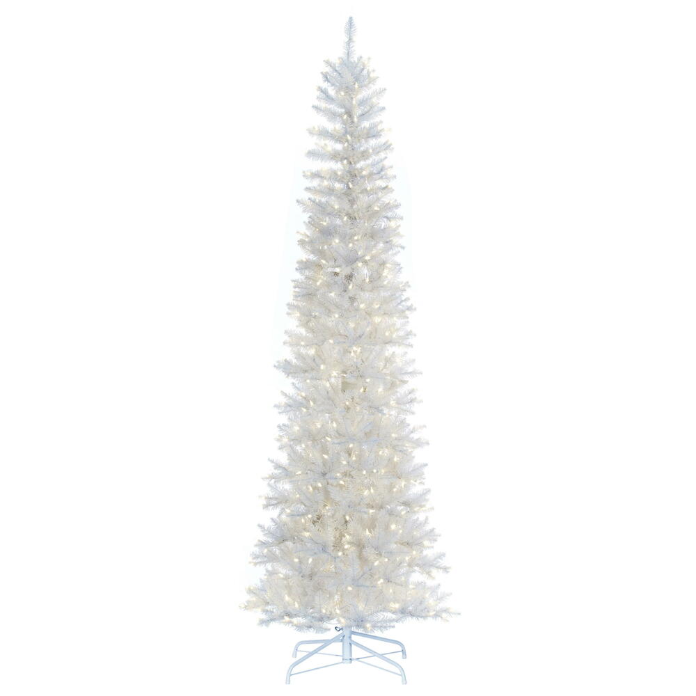K240176LED 7.5 ft. x 32 in. White Pencil Artificial Pre-Lit Christmas Tree with 450 Dura-Lit Warm White LED Mini Lights