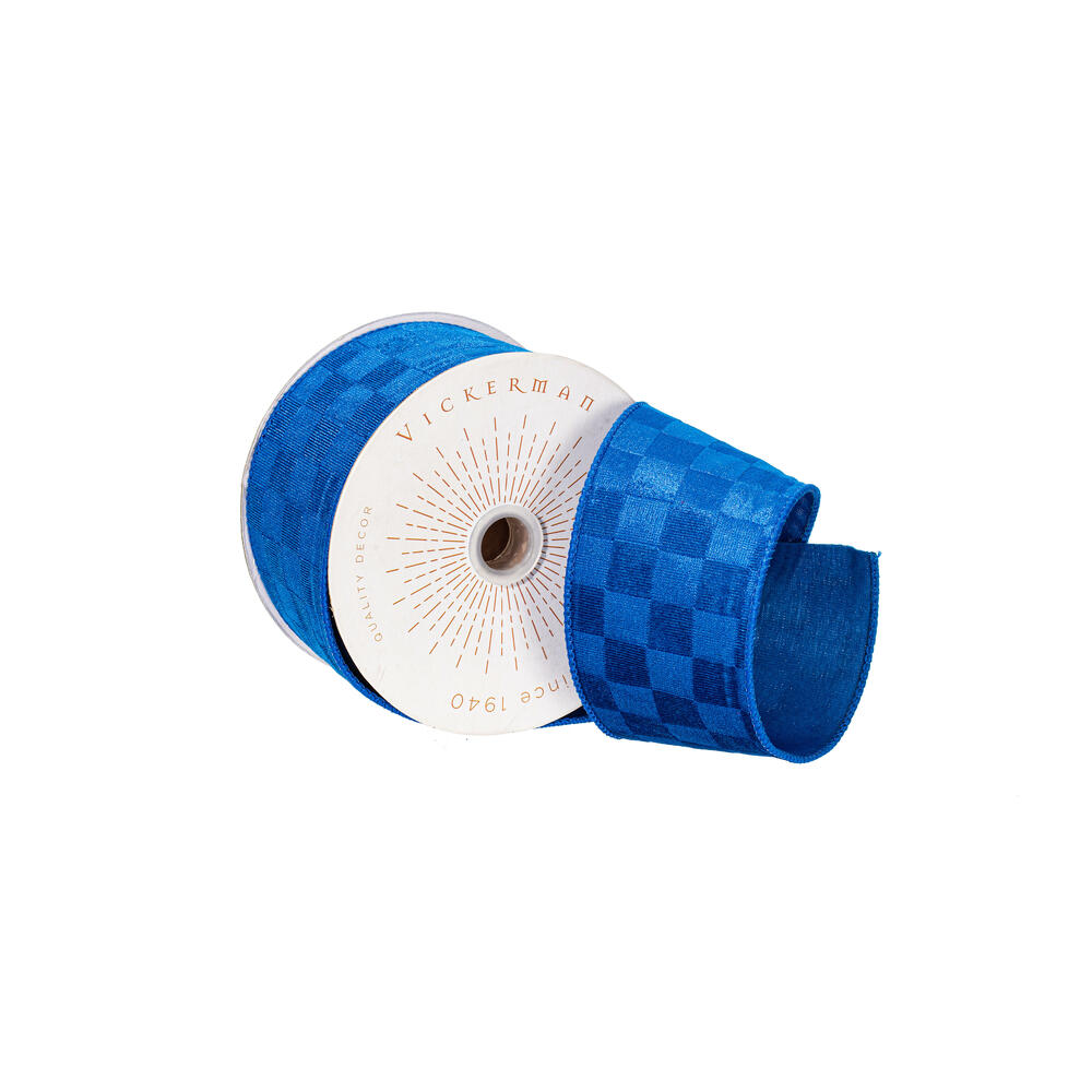 QY240535 2.5 in. x 10 Yard Blue Velvet Checkered Satin Back Ribbon