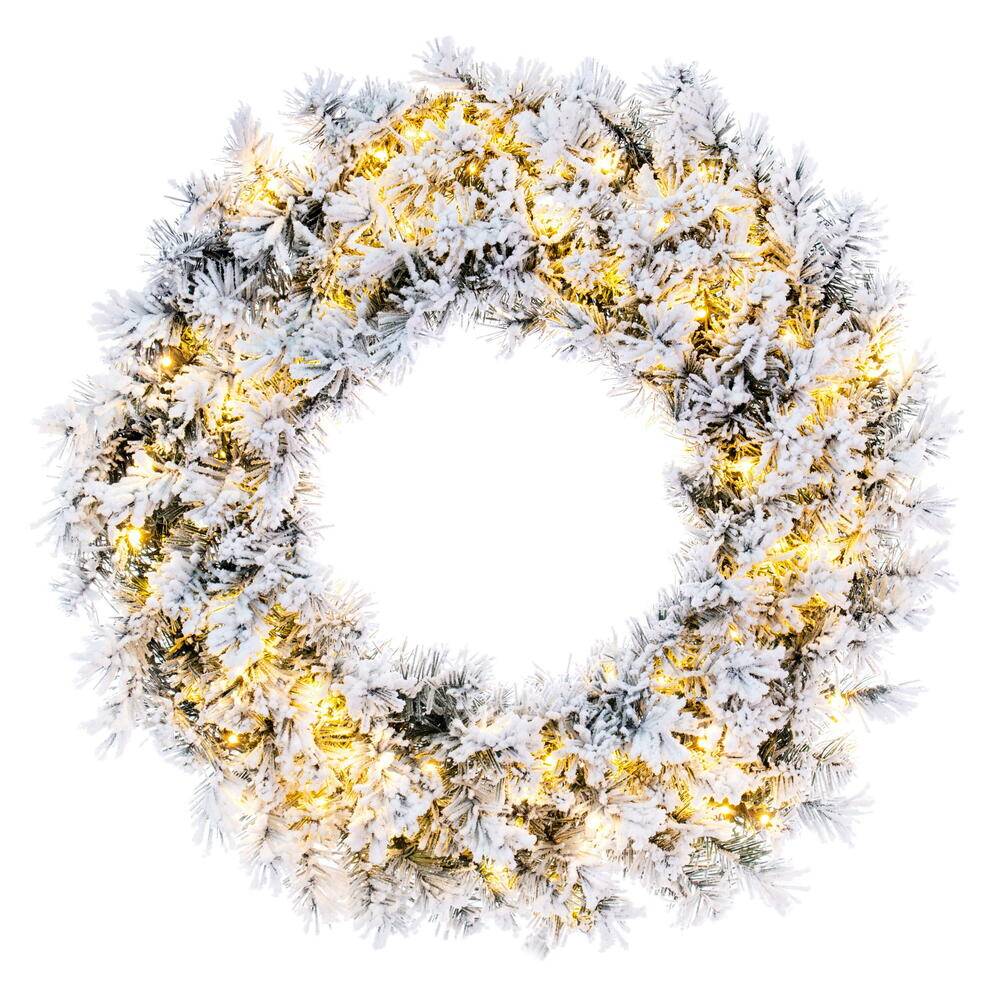 K232131LED 30 in. Frosted Glacier Pine Artificial Wreath with LED Warm White Lights - White on Green