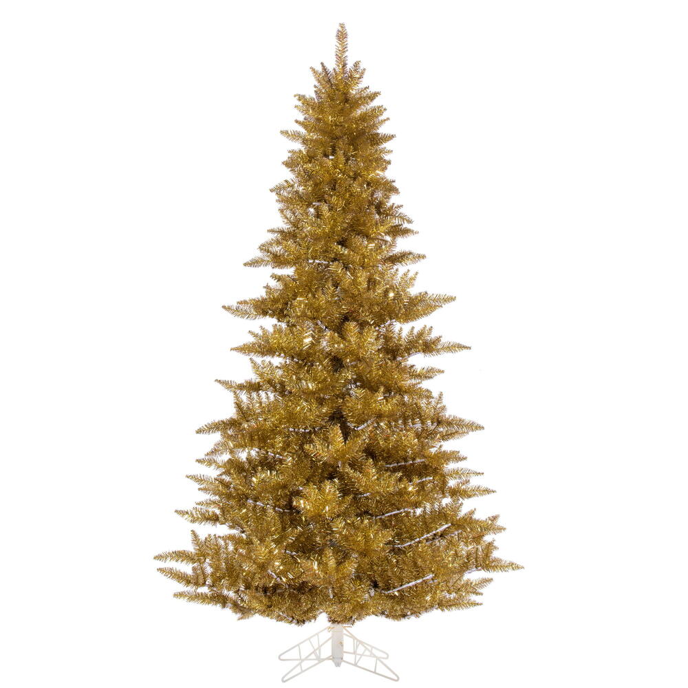 K235465 6.5 ft. x 46 in. Gold Tinsel Artificial Unlit Christmas Tree with Folding Metal Tree Stand