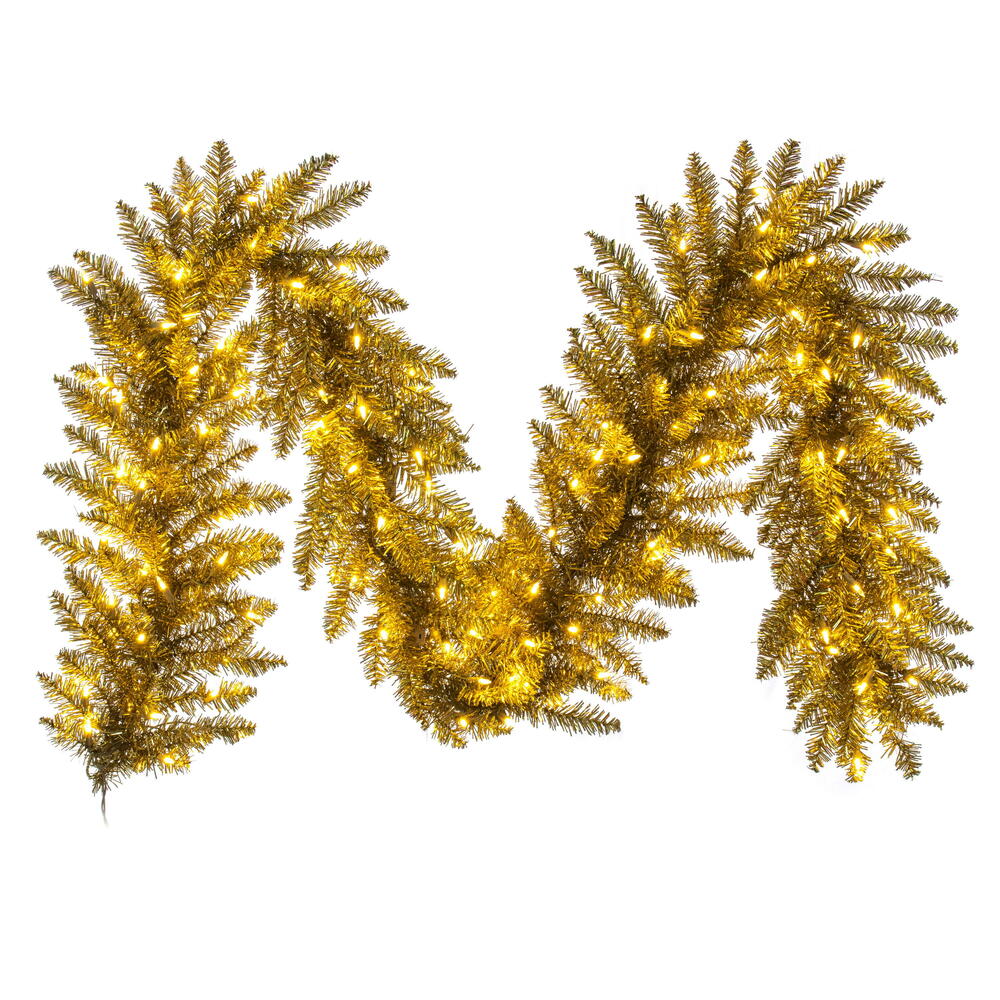 K235515LED 9 ft. x 14 in. Gold Tinsel Artificial Garland with Warm White LED Lights