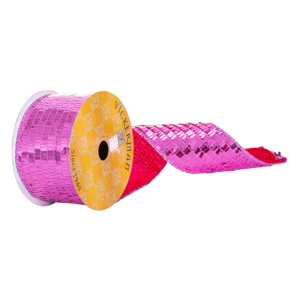 QY231580 2.5 in. x 10 Yard Pink Rectangle Sequin Wired Ribbon