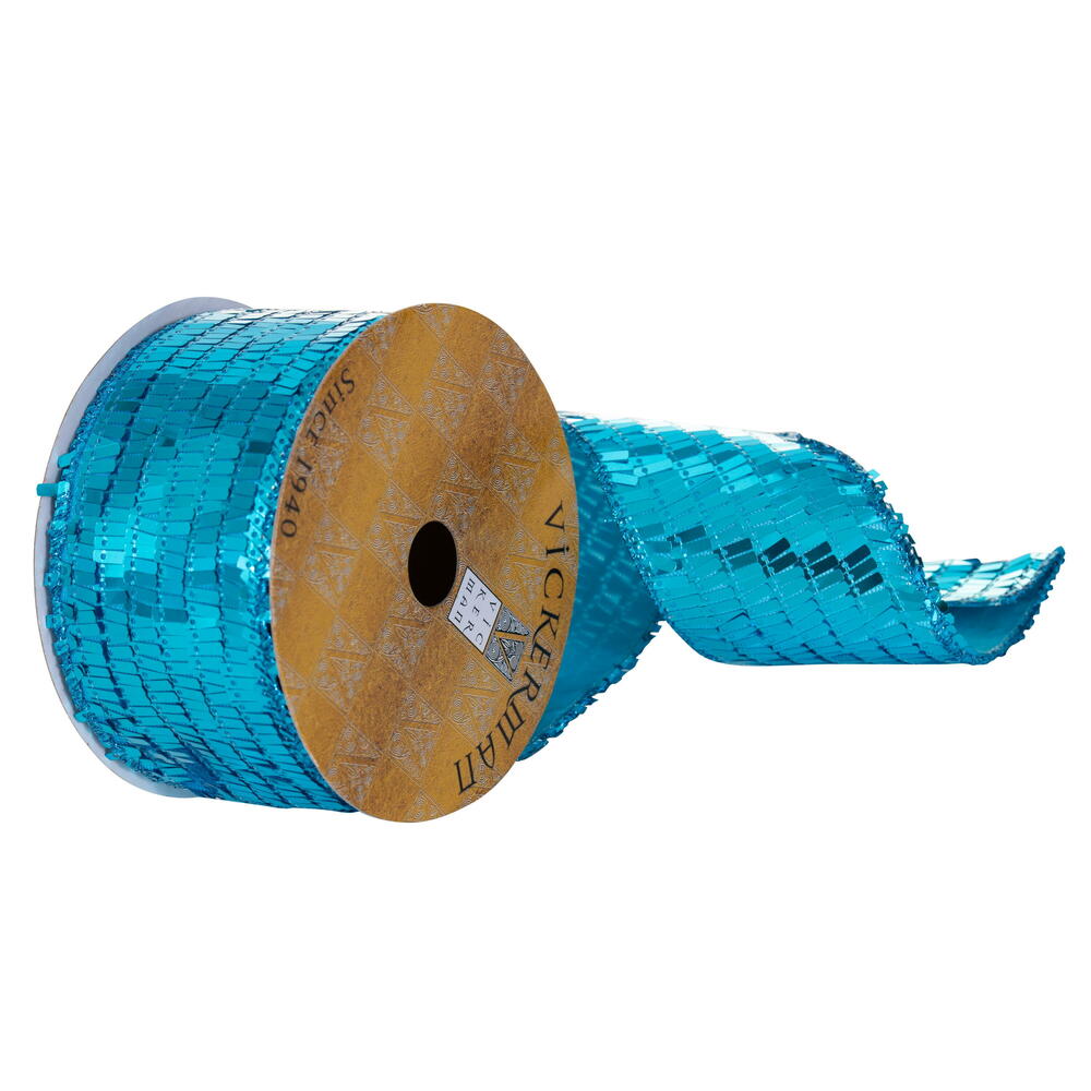 QY231590 2.5 in. x 10 Yard Turquoise Rectangle Sequin Wired Ribbon