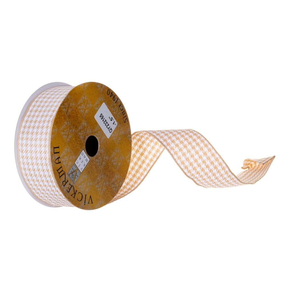 QY232165 1.5 in. x 10 yard Tan & White Houndstooth Ribbon
