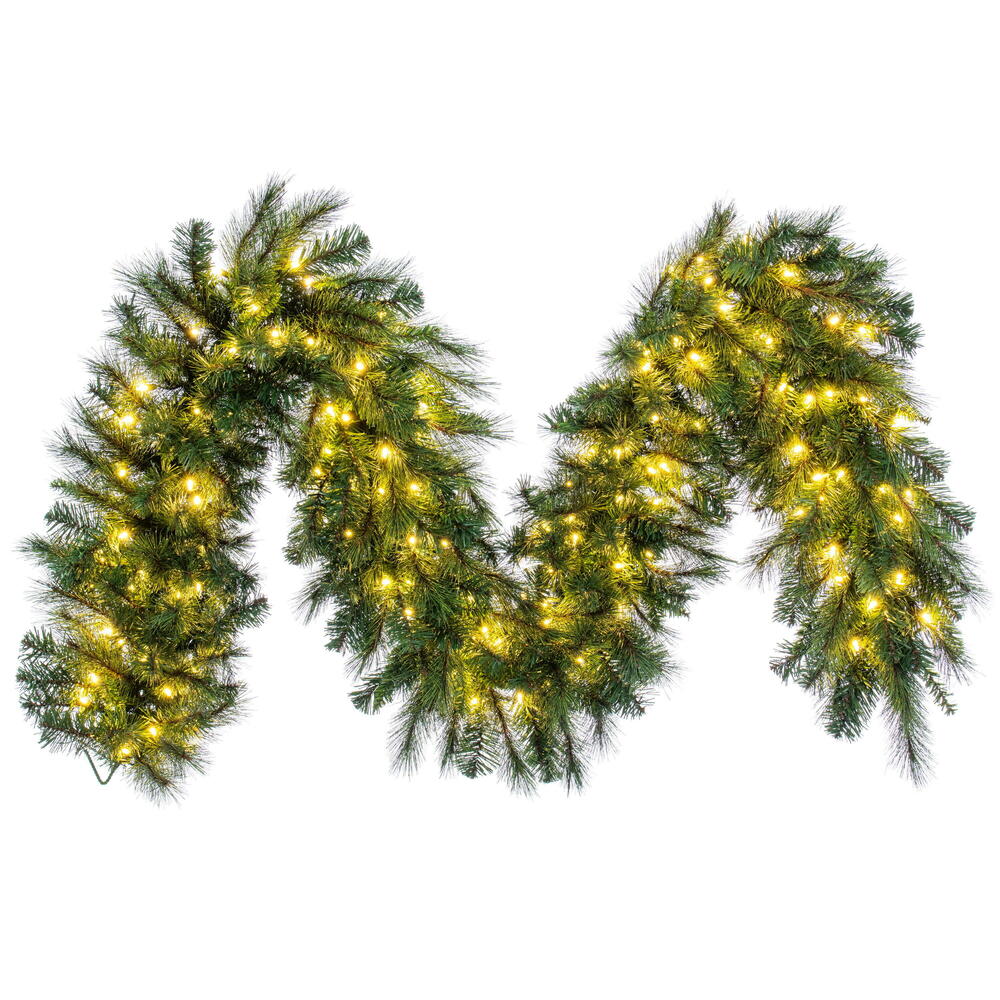 K201418LED 9 ft. x 18 in. Brighton Pine Artificial Garland with 150 Dura-Lit Warm White LED Mini Lights & 300 PE & PVC Tips - Green
