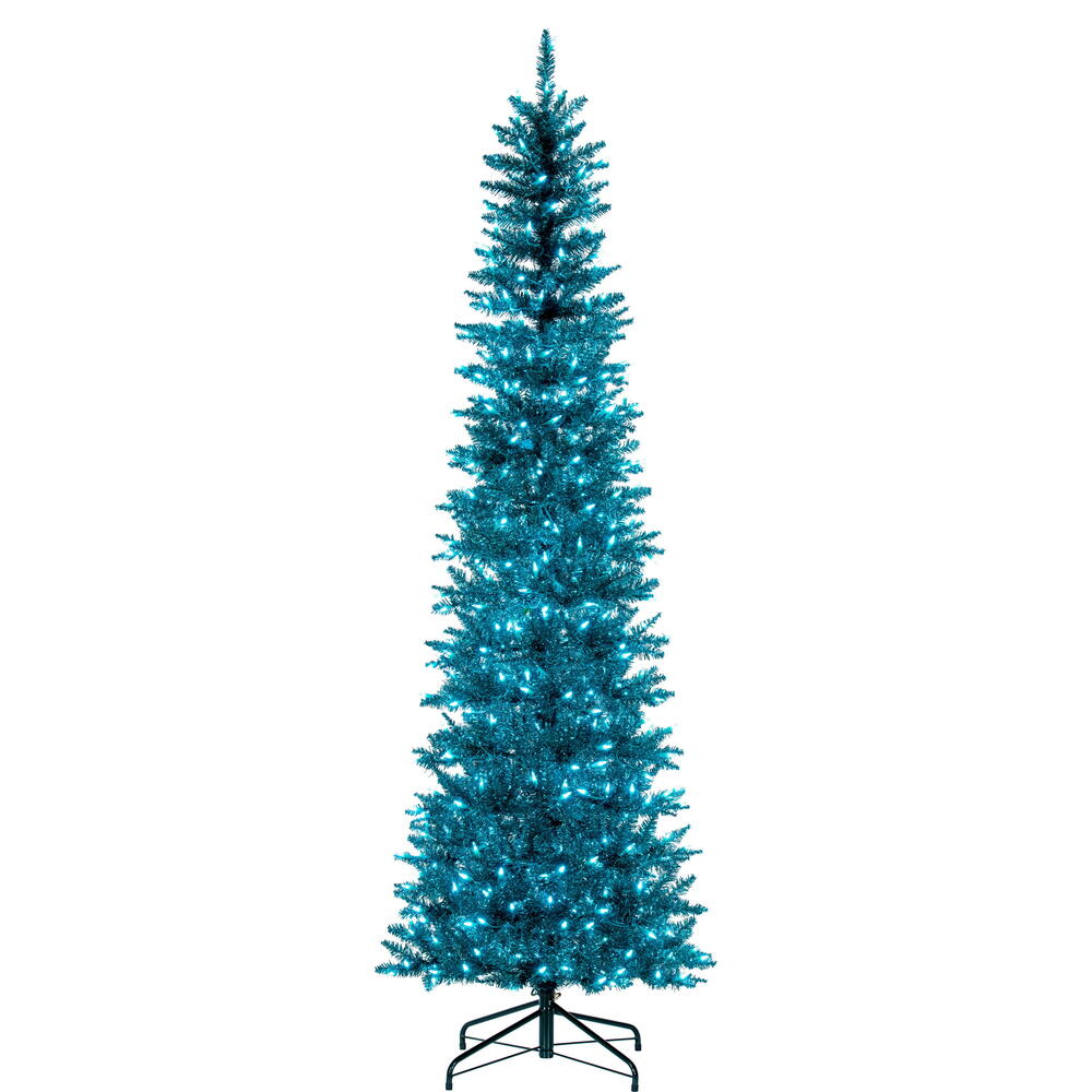 K240876LED 7.5 ft. x 32 in. Aqua Pencil Artificial Pre-Lit Christmas Tree with 450 Dura-Lit Aqua LED Mini Lights