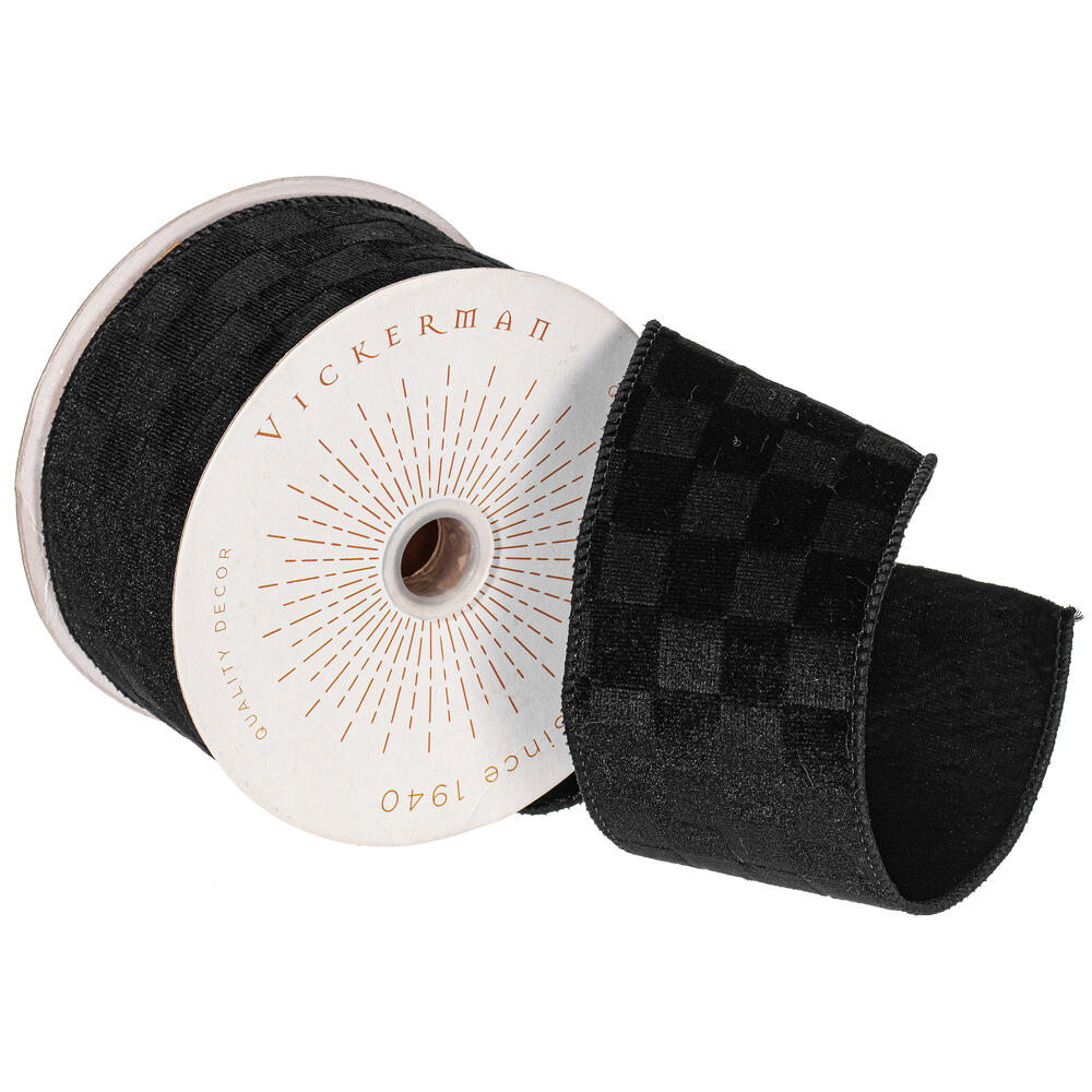 QY240505 2.5 in. x 10 Yard Black Velvet Checkered Satin Back Ribbon
