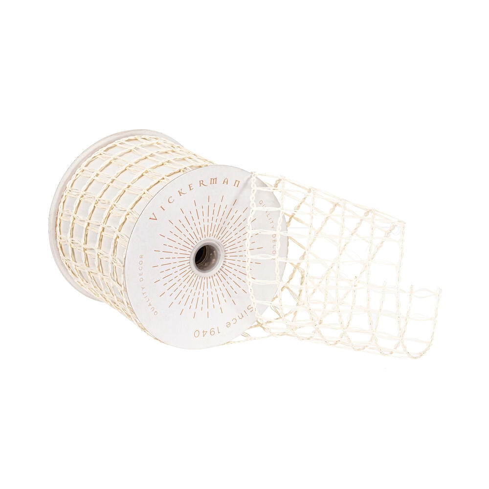 QY240935 3.75 x 10 Yard Ivory Thin Grid Wired Ribbon